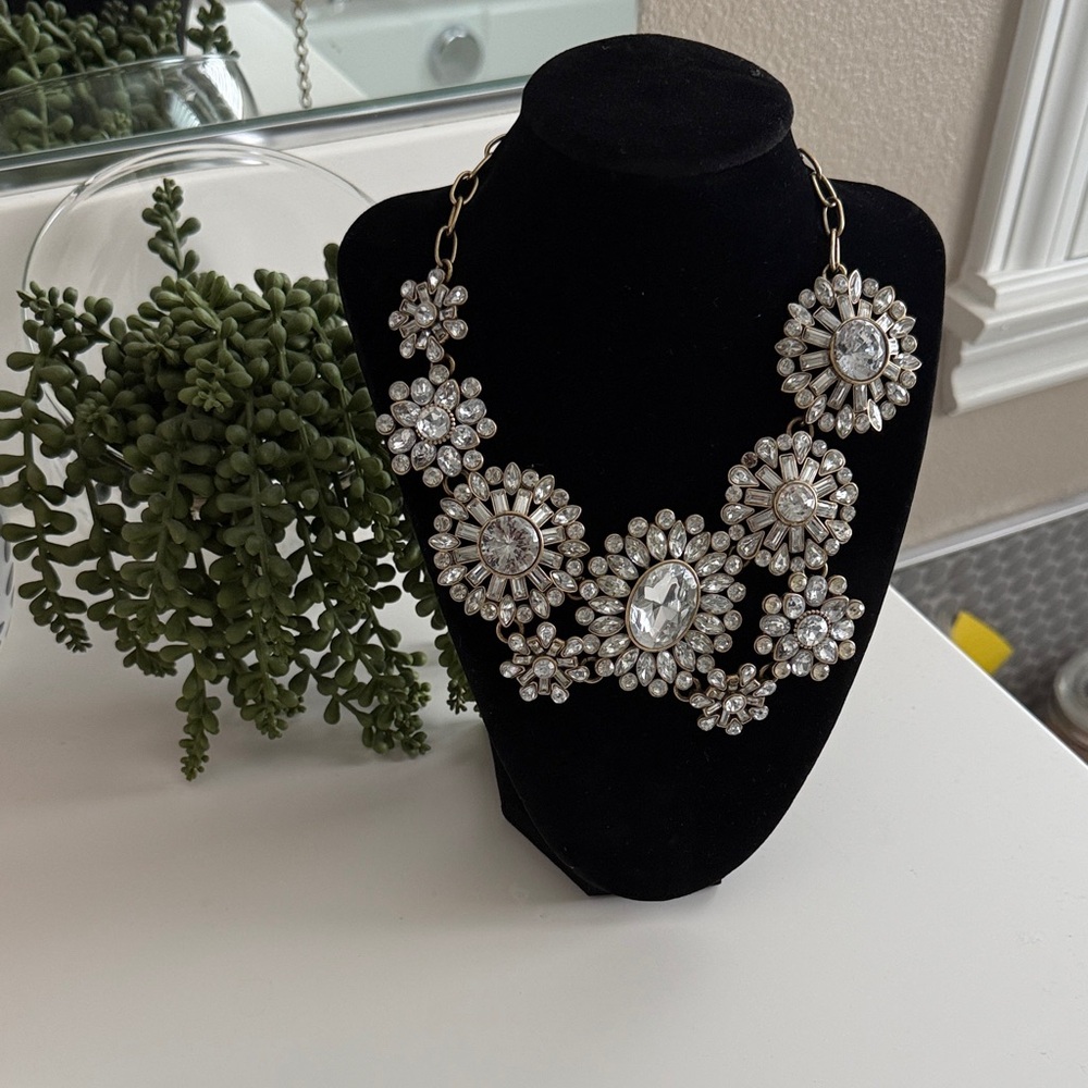 J. Crew Silver Crystal Floral Necklace